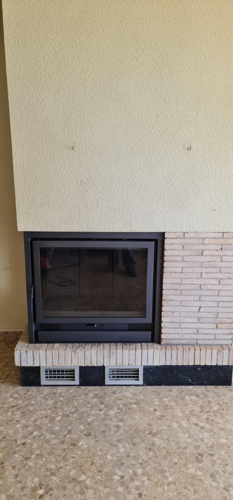 La misma chimenea de leña cerrada con una puerta de cristal hecha a medida